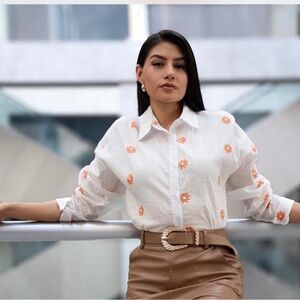 White and Orange Floral Women's Top